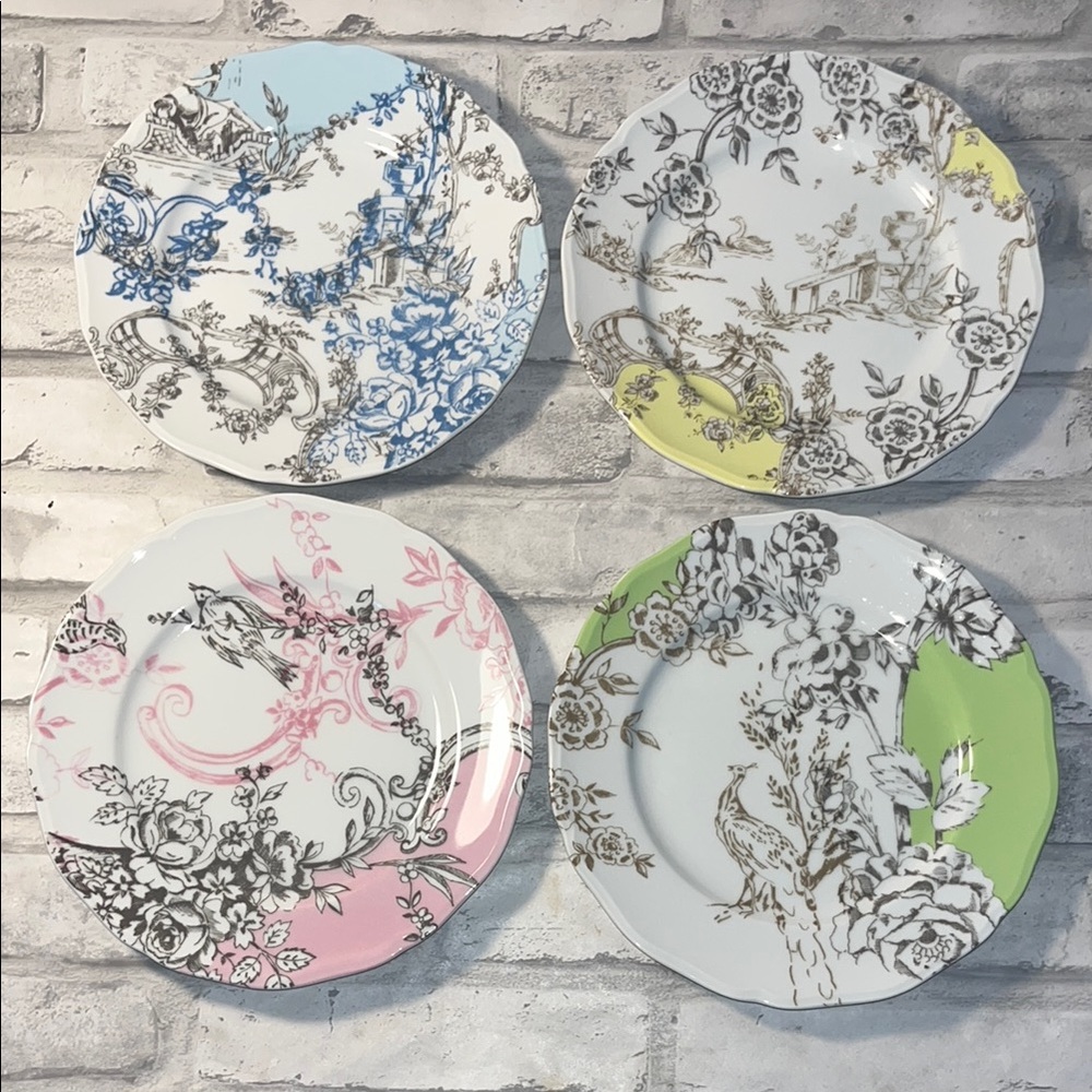 Anthropologie Floral Dinnerware Set - Blue, Pink, Green, Yellow birds 7.5 inch